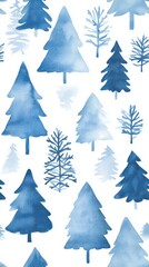 Obraz premium Christmas pattern with very small neat cute fir trees, about the same size, painted in blue colors