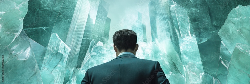 Poster a man in a suit stands before towering, crystalline structures in a surreal environment.
