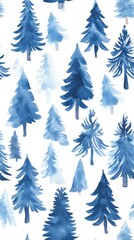 Obraz premium Christmas pattern with very small neat cute fir trees, about the same size, painted in blue colors