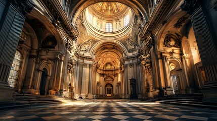 Majestic baroque cathedral interior with golden dome and checkered floor. Historic European church architecture with ornate columns and arches. Dramatic religious building illuminated by natural light
