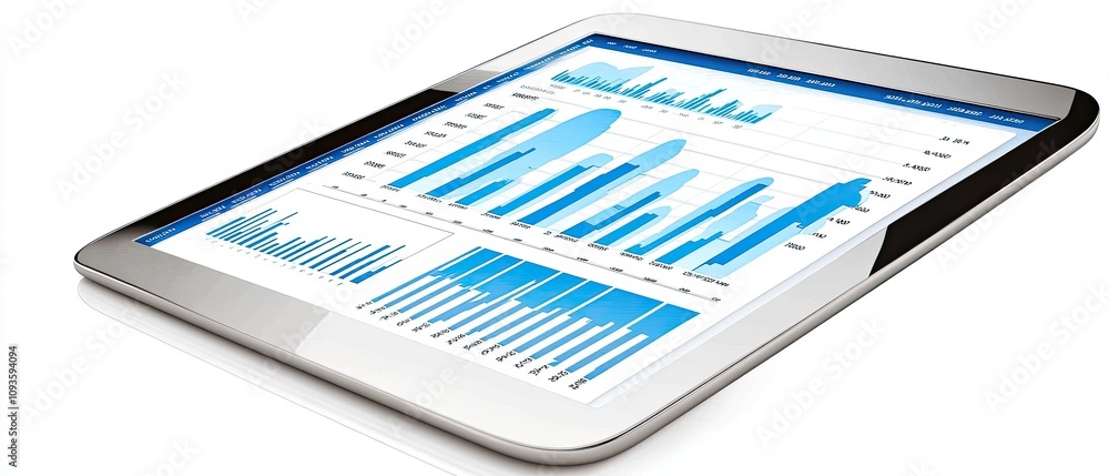 Poster tablet displaying business charts and graphs.