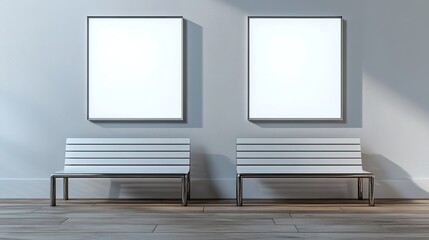 Two blank posters on wall above benches.