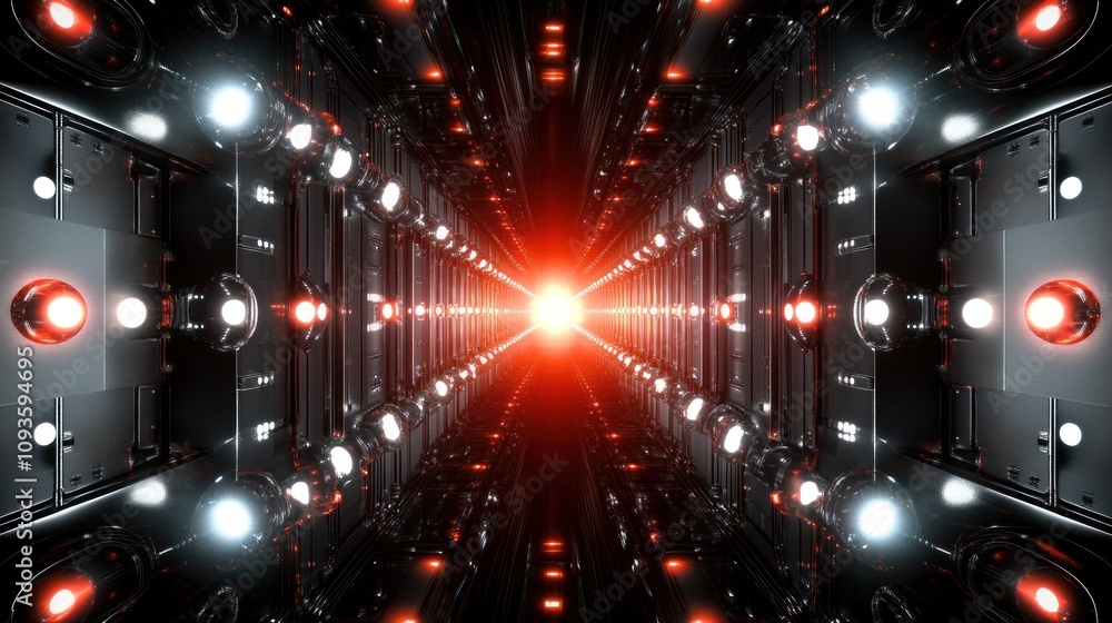 Poster a futuristic tunnel illuminated by red and white lights, converging towards a bright center.