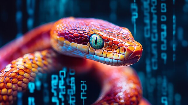A stunning vibrant snake elegantly contrasts against a digital code background, merging the intricate detailing of nature with the precision of modern technology.
