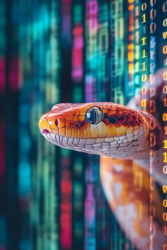 An eye-catching snake with vibrant scales emerges from a background of cascading digital code, showcasing a mesmerizing contrast between nature and technology.