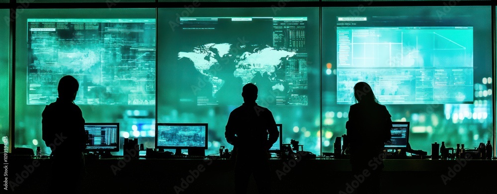 Poster A group monitors data on large screens in a high-tech control room.