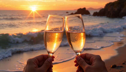 Two champagne glasses clinking at sunset on the beach with ocean waves