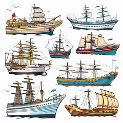 Diverse Collection of Ships on White Background
