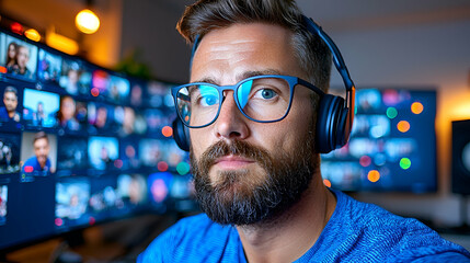 A focused man with glasses and headphones sits in front of multiple screens, engaged in a digital work environment.
