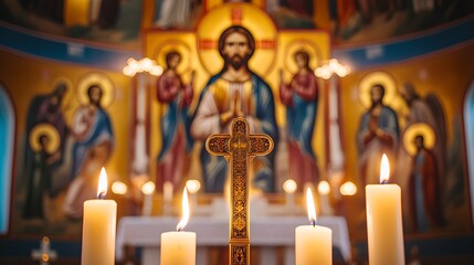Orthodox church altar with burning candles and ornate cross against religious fresco backdrop. Traditional Christian sanctuary with Byzantine icons and golden decorative elements