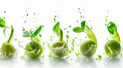 painting set of green limes splashing on white background