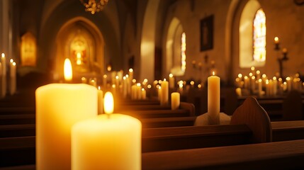 Orthodox church interior with multiple burning candles creating mystical golden atmosphere. Religious ceremony in traditional cathedral with icons and arches. Sacred spiritual ambiance