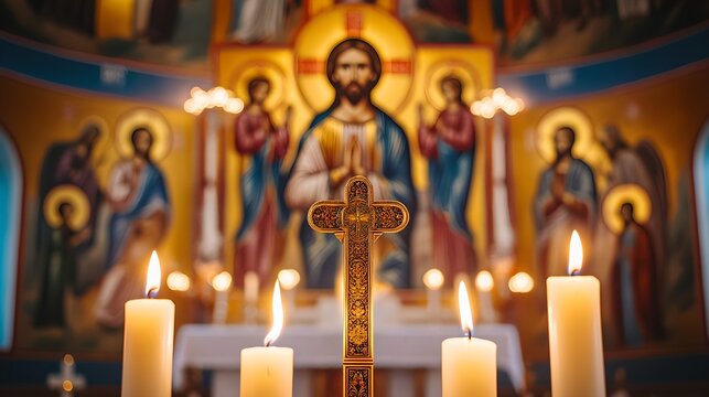 Orthodox church altar with burning candles and ornate cross against religious fresco backdrop. Traditional Christian sanctuary with Byzantine icons and golden decorative elements