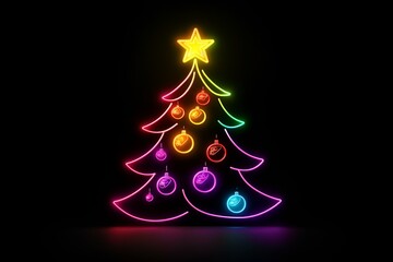 Neon silhouette of a Christmas tree decorated with colorful ornaments and shining star isolated on black background.