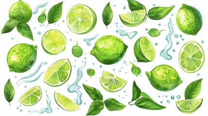 painting set of green limes splashing on white background