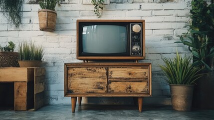 Vintage Television Set On Rustic Wooden Stand With Plants