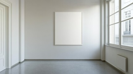 Fototapeta premium Empty gallery room with blank canvas and large window.