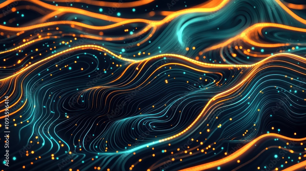 Fototapete Abstract wavy patterns with glowing lines and particles in a digital art style.