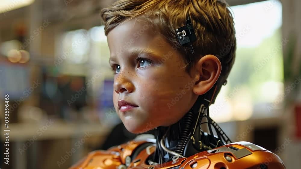 Aufkleber A young boy with a robotic torso focuses intently on a creative project, surrounded by tools and tech in a bright workshop area, reflecting innovation and curiosity.