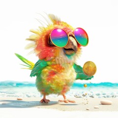 Fototapeta premium A cheerful colorful parrot enjoys the sunny beach while playfully dropping shiny coins