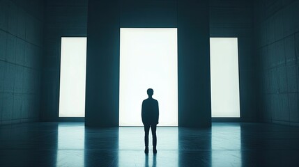 Obraz premium A lone figure stands before illuminated doorways in a vast hall