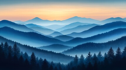 Beautiful layers of blue mountain silhouettes stretch into the distance beneath a striking sunrise view, with trees dotting the foreground of this tranquil landscape scene.