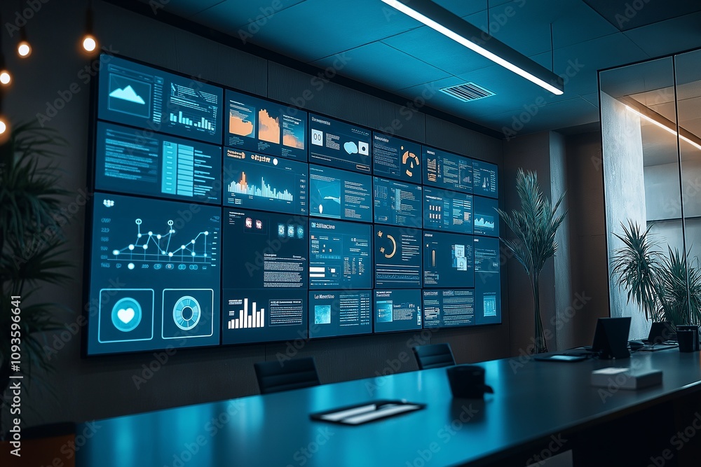 Poster modern control room: a sleek, futuristic control room with a large wall of data monitors displaying 