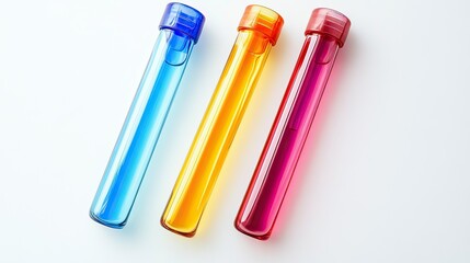 Three test tubes with colored liquids on white background.