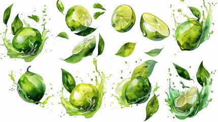 painting set of green limes splashing on white background