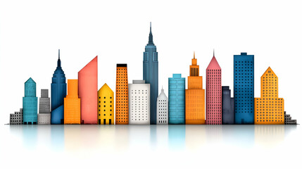 Obraz premium Colorful city skyline illustration featuring various building styles and heights against a white background, showcasing urban architecture and modern design.