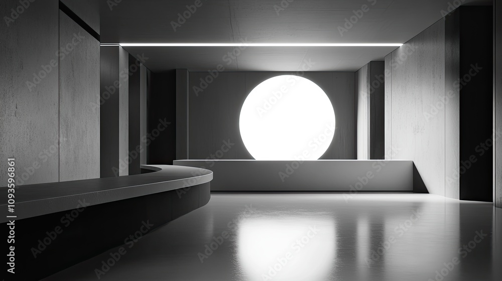 Poster modern minimalist reception area with curved counter and circular light feature.