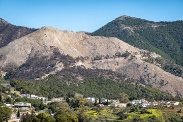 Mountain view from Mijas, Andalusia, Spain. Burnt forest on the mountainside.