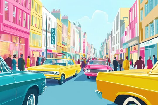 Colorful 1960s city street scene. Vintage cars and pedestrians in mod style clothing. Busy street with colorful shopfronts. Retro poster artwork style. Bright colors evoke era.