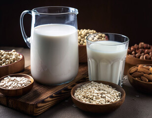 Alternative milk concept. Assortment of organic vegan non dairy milk from nuts, oatmeal, rice, soy.