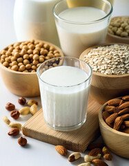 Alternative milk concept. Assortment of organic vegan non dairy milk from nuts, oatmeal, rice, soy.