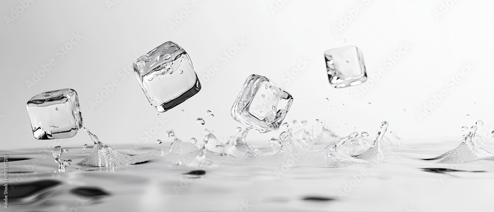 Poster ice cubes falling into water, creating splashes.