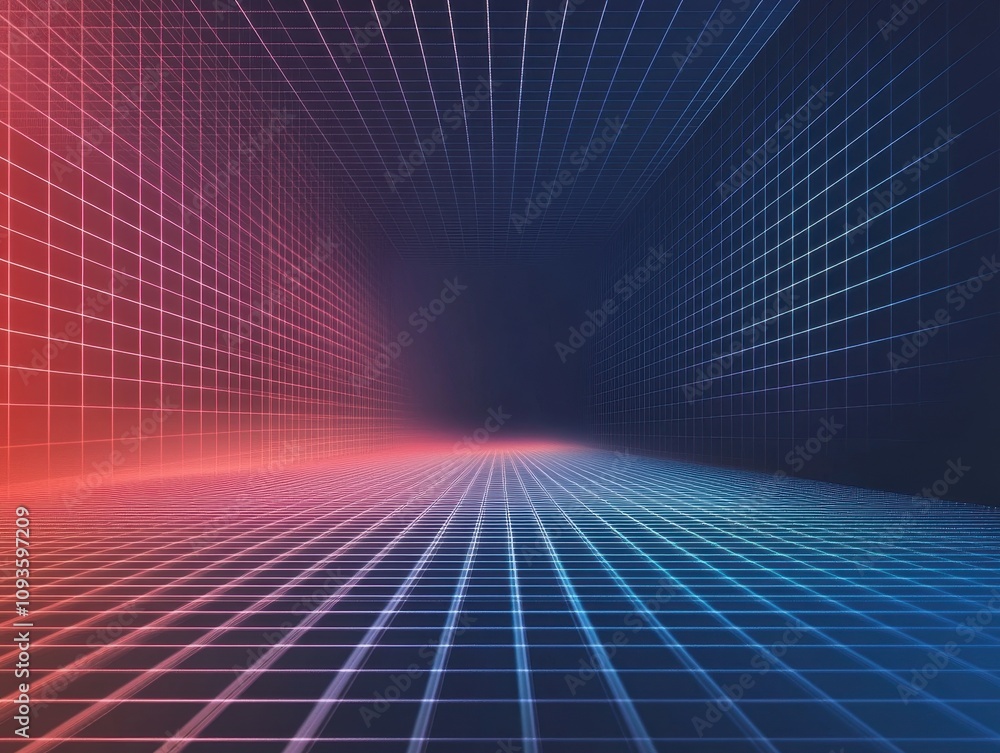 Poster a vibrant grid pattern creating a 3d illusion in a digital space.
