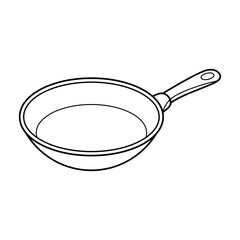 Frying Pan Outline Vector Illustration. This is a minimalist black and white outline illustration of a frying pan. The design features a circular pan with a smooth, rounded edge and a long handle.