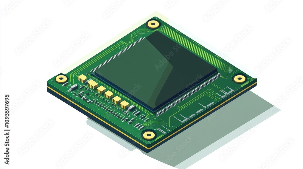 Aufkleber isometric view of a green circuit board with a central microchip.