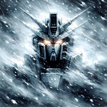 The blurry Gundam poster is covered in a snowstorm