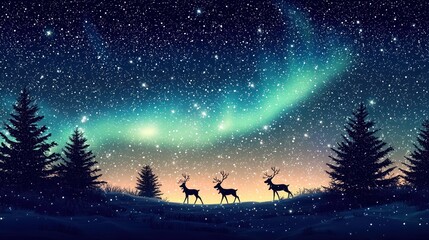 Naklejka premium Serene winter scene with the Northern Lights dancing above silhouetted Christmas trees and reindeer, under a canopy of twinkling stars.