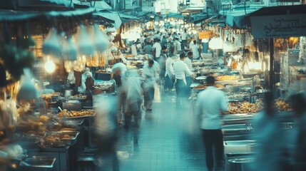 Bustling market scene with blurred motion captures vibrant energy and activity, AI
