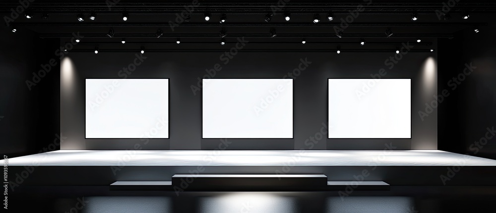 Poster minimalist empty stage with three blank screens and spotlights.