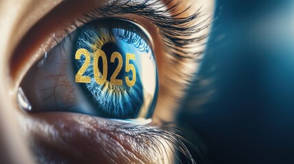 Close-up of a human eye with 2025 reflected, representing futuristic visions and new beginnings.