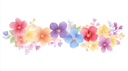 Colorful Watercolor Flowers Border on White Background. Perfect for spring themed, invitations, for decorative projects.