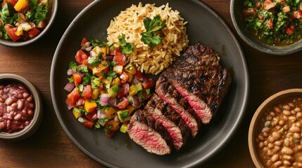 Grilled Steak with Rice Salsa and Beans