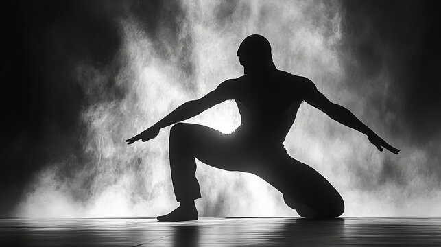 A striking image of a dancer in silhouette, poised dynamically against a backdrop of dense fog, embodying motion and emotion in an artistic monochrome style.