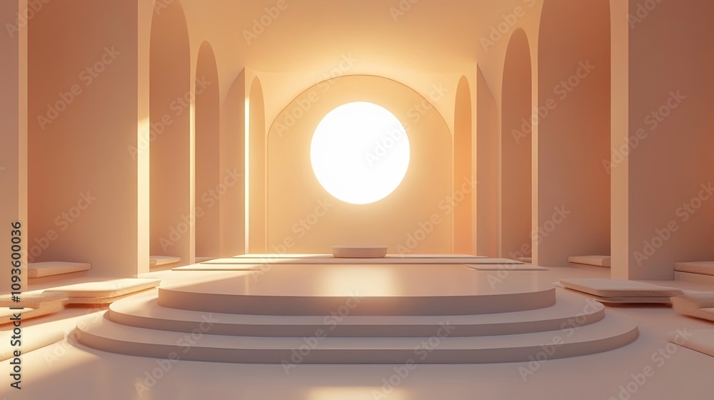 Poster sunlit minimalist architecture interior with circular platform.