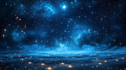 Christmas night. The first star lit up in the winter forest with snow and the night starry sky. Christmas Eve concept. Comet falls in the starry night sky