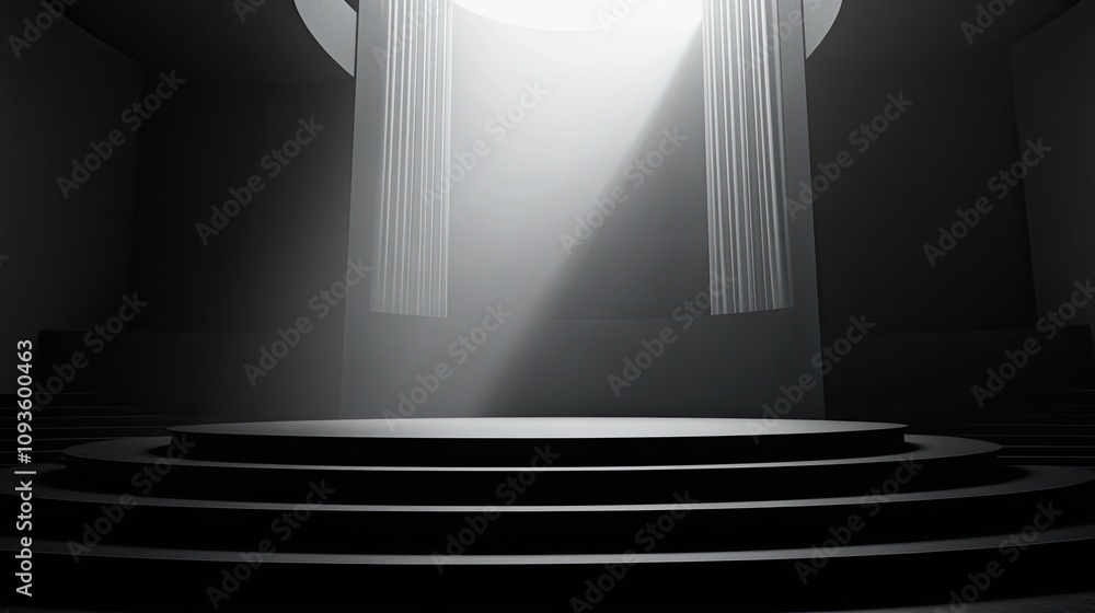Poster dark stage with circular platform and light rays.